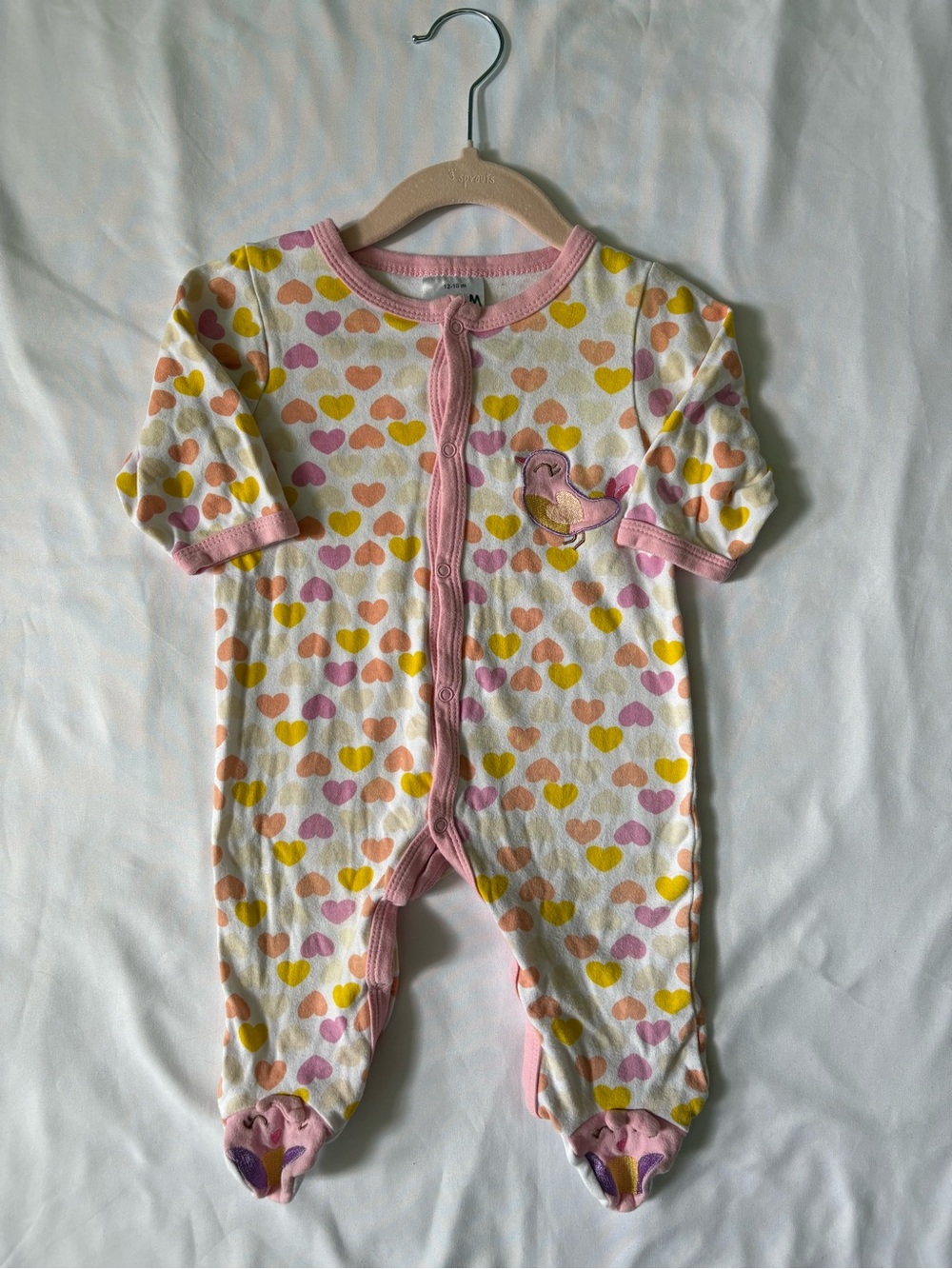 🌸 Baby Girls Pink Heart-Print Footed One-Piece with Bird Appliqué